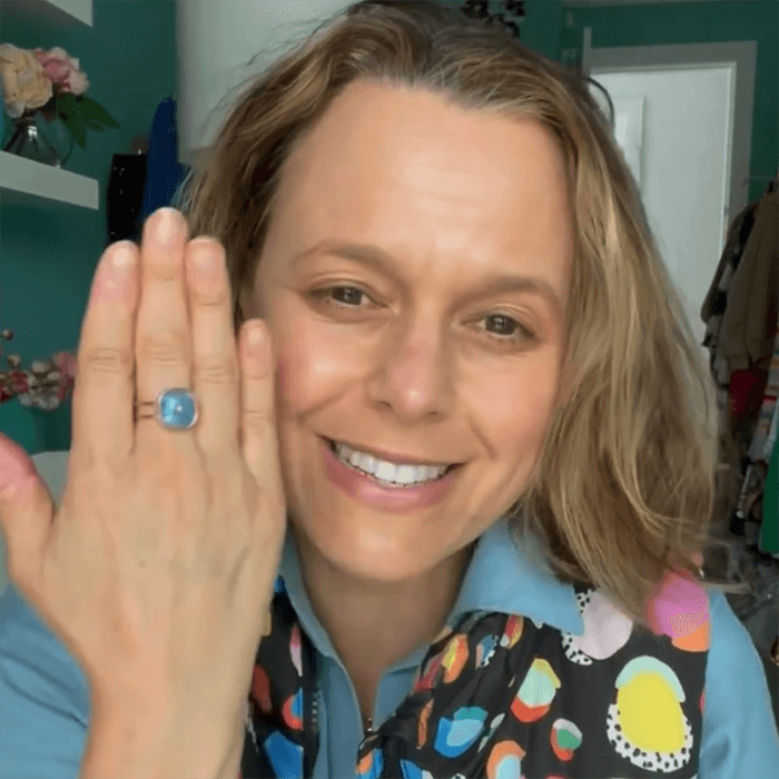 Mia Freedman wearing blue swarovski ring by Bidiliia
