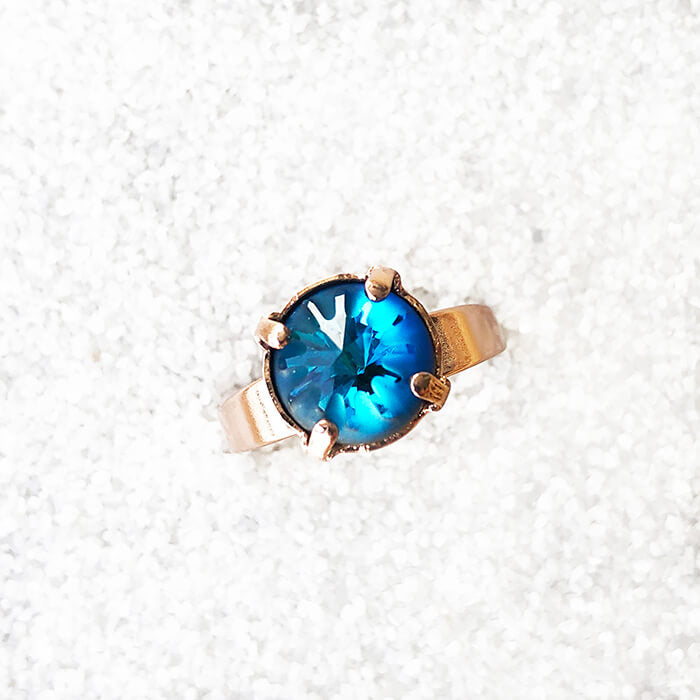 rose gold cocktail ring with bermuda blue swarovski crystal 