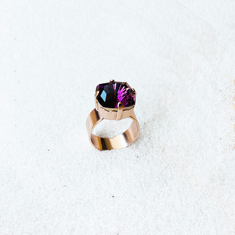 Amethyst Swarovski Ring, adjustable ring. side iew