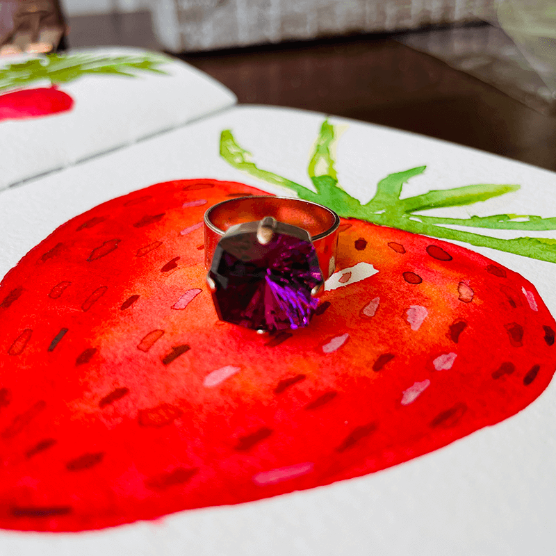 Amethyst Swarovski Ring, adjustable ring. against a colour pop background