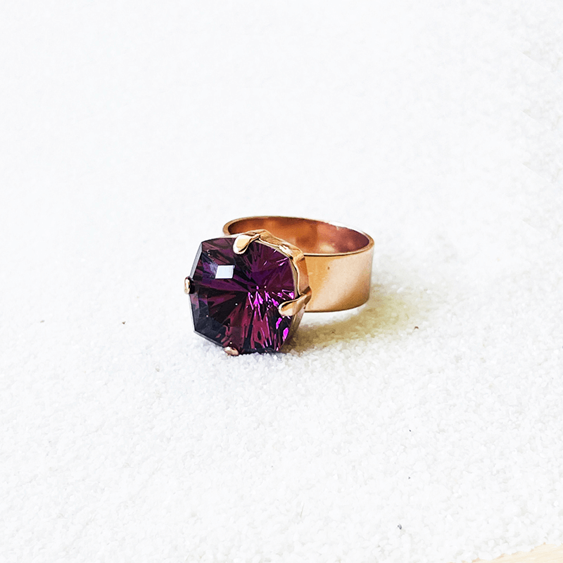 Amethyst Swarovski Ring, adjustable ring. side view