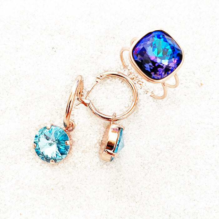 aquamarine swarovski earrings and adjustable ringAquamarine Swarovski Earrings set in rose gold with swarovski adjustable ring