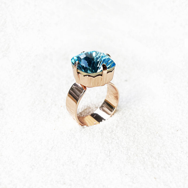 Blue Swarovski crystal ring adjustable rose gold finish