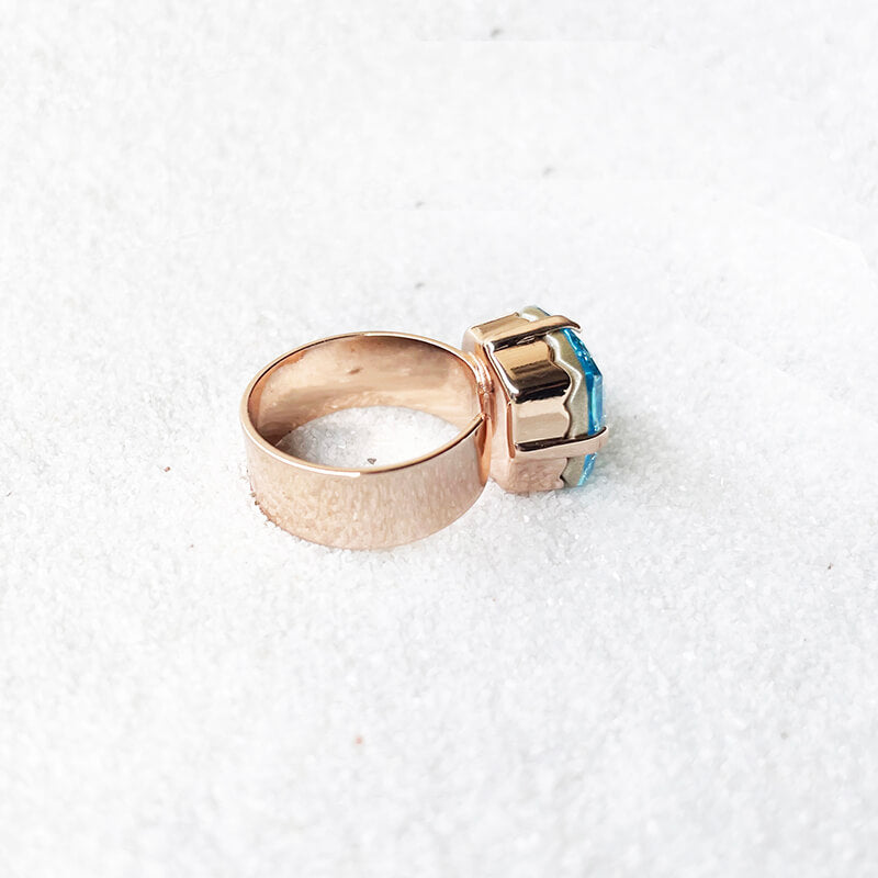 Blue Swarovski crystal ring adjustable band finished in rose gold