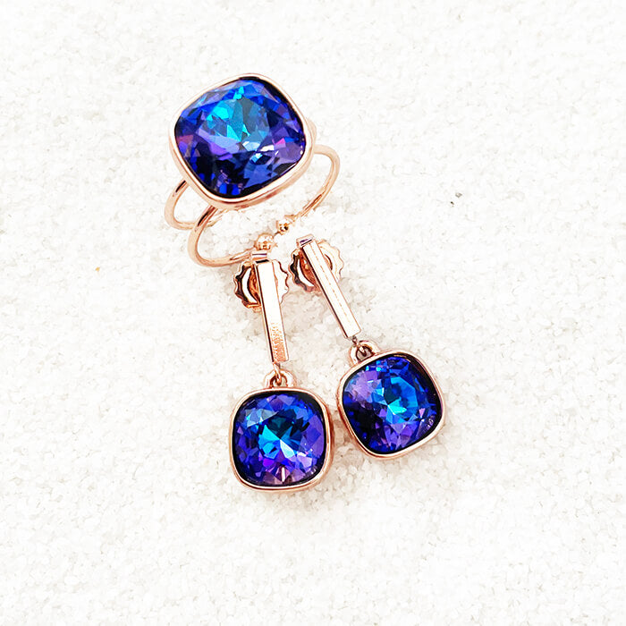 purple Swarovski ring and drop earrings 