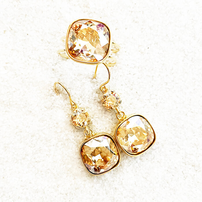 swarovski gold earrings and gold adjustable ring