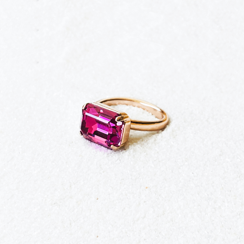 Swarovski pink ring, adjustable ring. side view