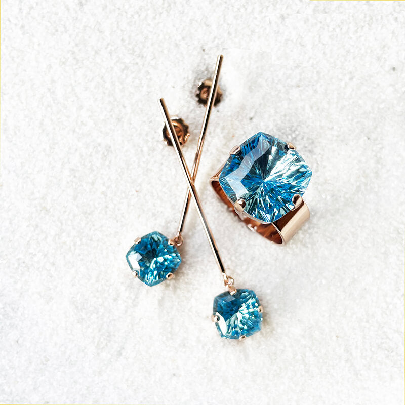 Swarovski Dangle earrings and ring in aquamarine and rose gold 
