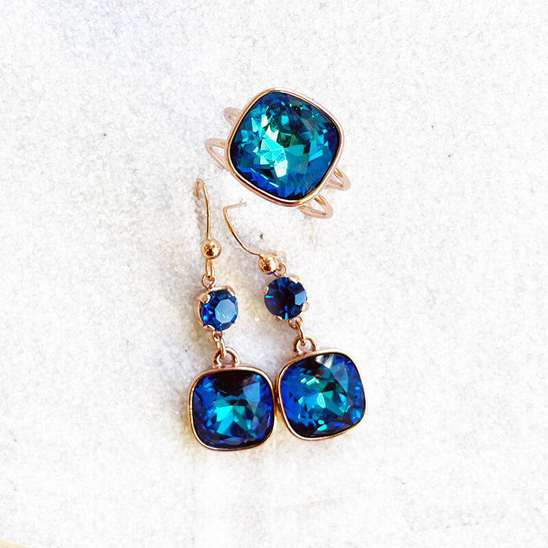 Swarovski blue ring and dangle earrings