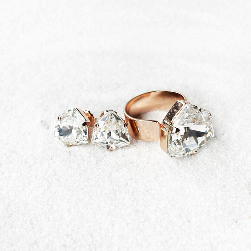 Swarovski stud earrings and adjustable Swarovski ring with rose gold plating 