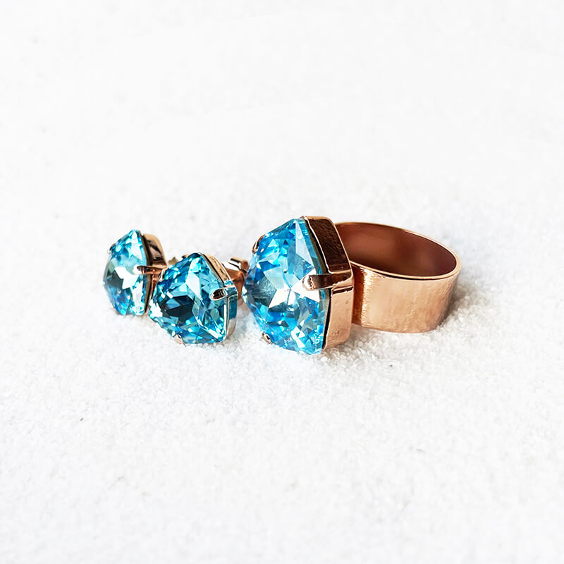 Aquamarine stud earrings with a blue Swarovski set in rose gold with adjustable blue Swarovski ring Australia