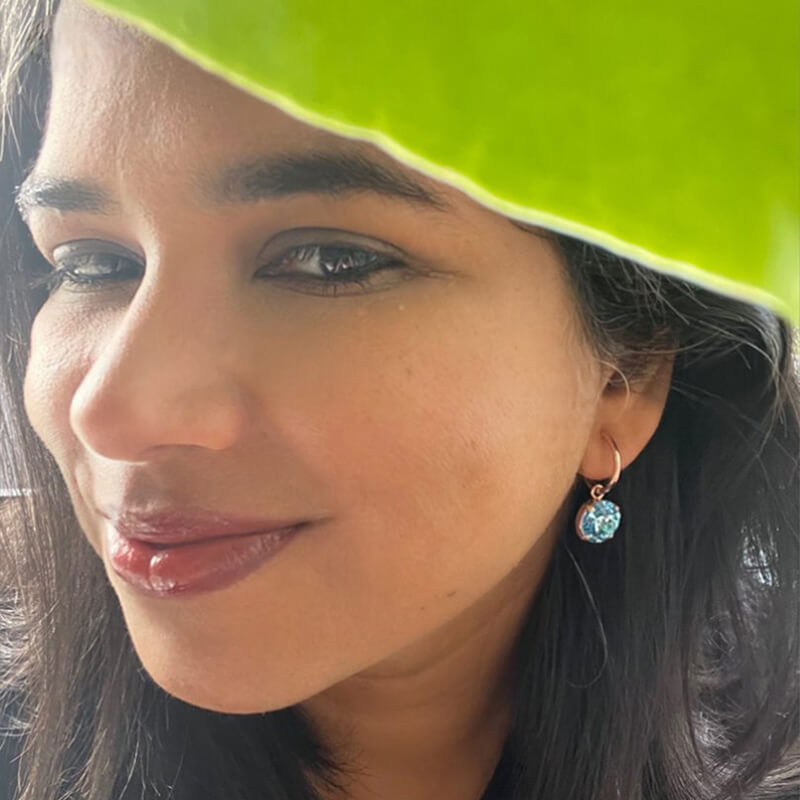 Aquamarine Swarovski Earrings set in rose gold on model