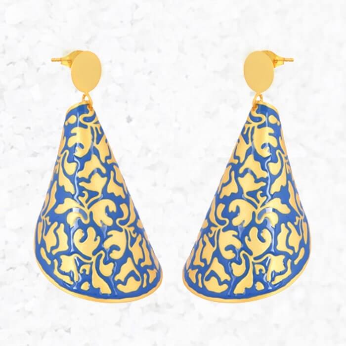 dangle earrings gold and blue etched earrings