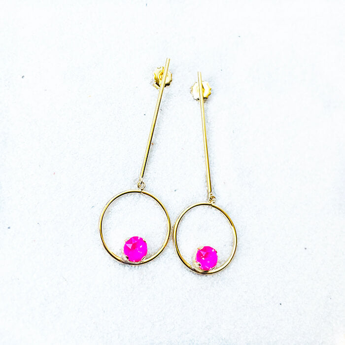 gold dangle earrings with hot pink swarovski unique