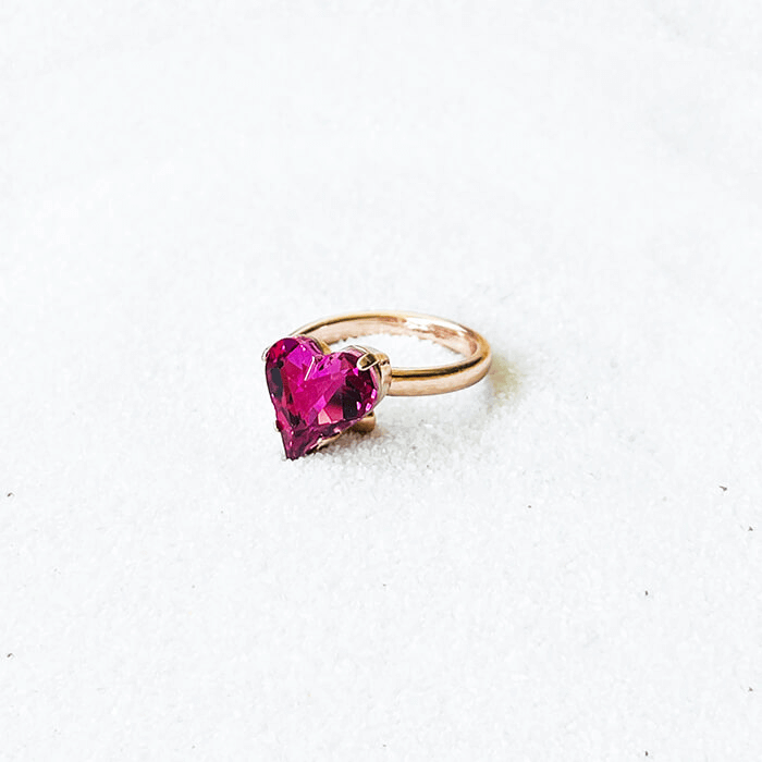heart shaped ring with pink Swarovski - this is an adjustable ring. Laying flat