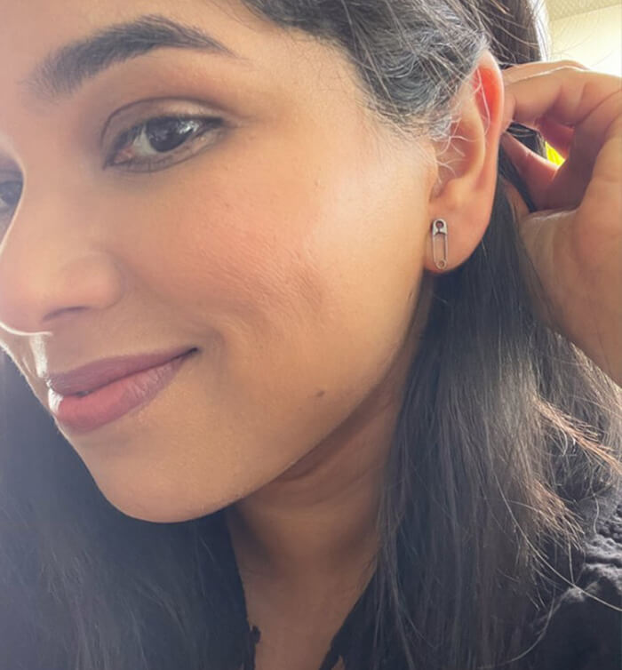 safety pin earrings black on model