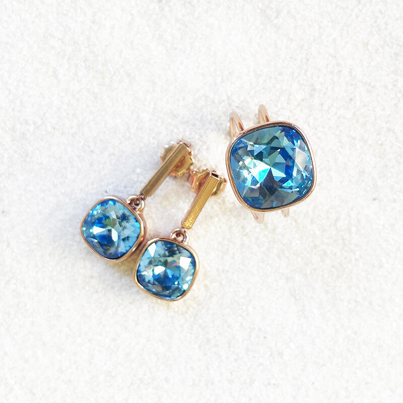 Blue Swarovski drop earrings with adjustable ring