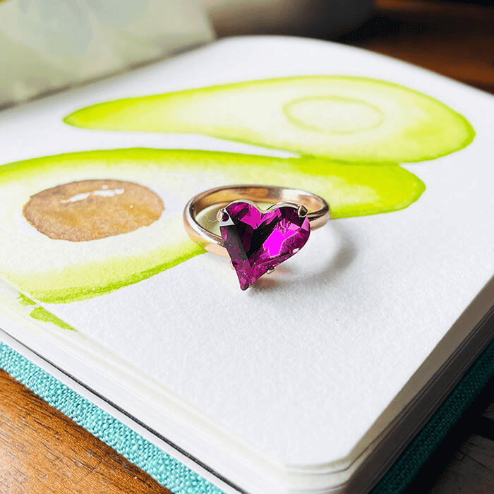 heart shaped ring with pink Swarovski - this is an adjustable ring.