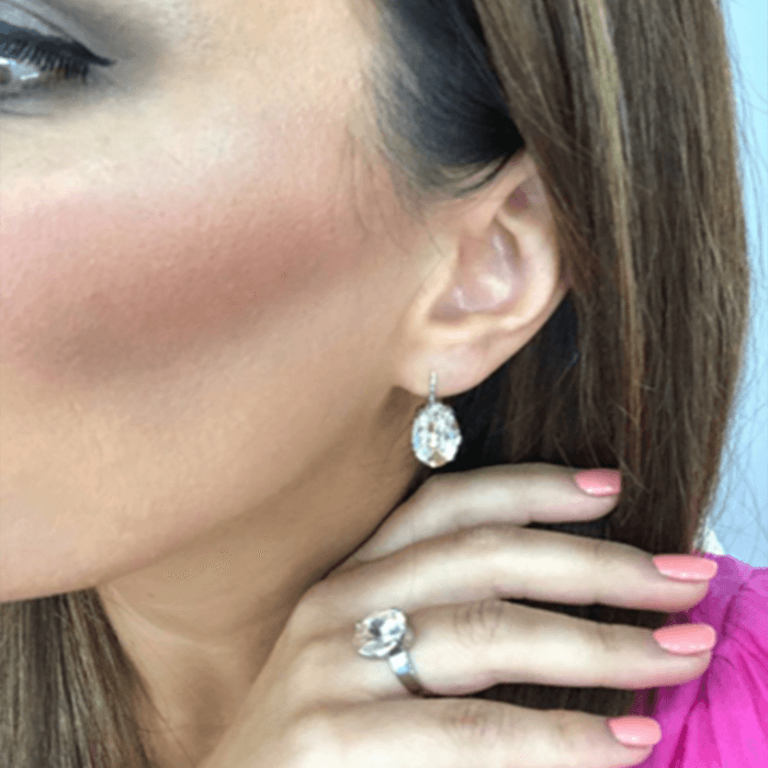 Crystal Earrings with light gold genuine Swarovski crystal set in rhodium Silver on model