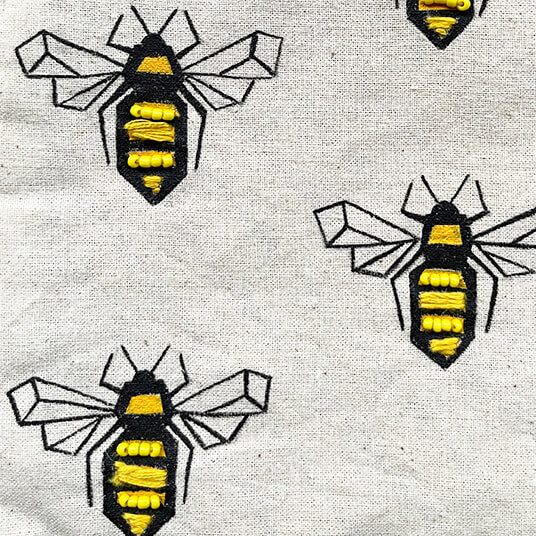 Bees Hand Embroidered on bag handmade all cotton bag close up