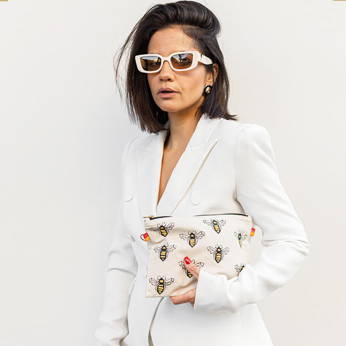 Bees Hand Embroidered on bag handmade all cotton bag on model