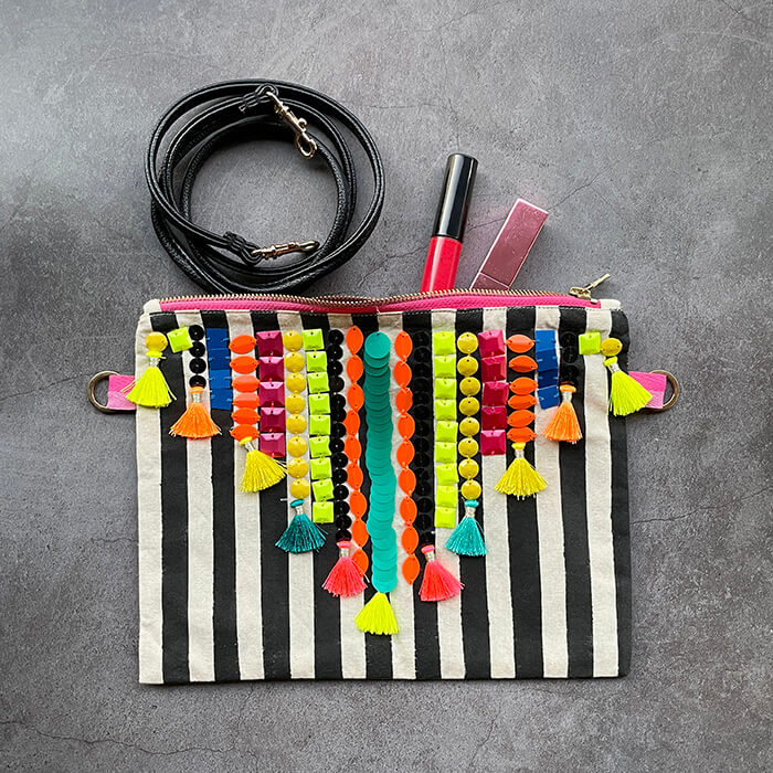 hand embroidered bag | quirky sequin designer bag flatlay