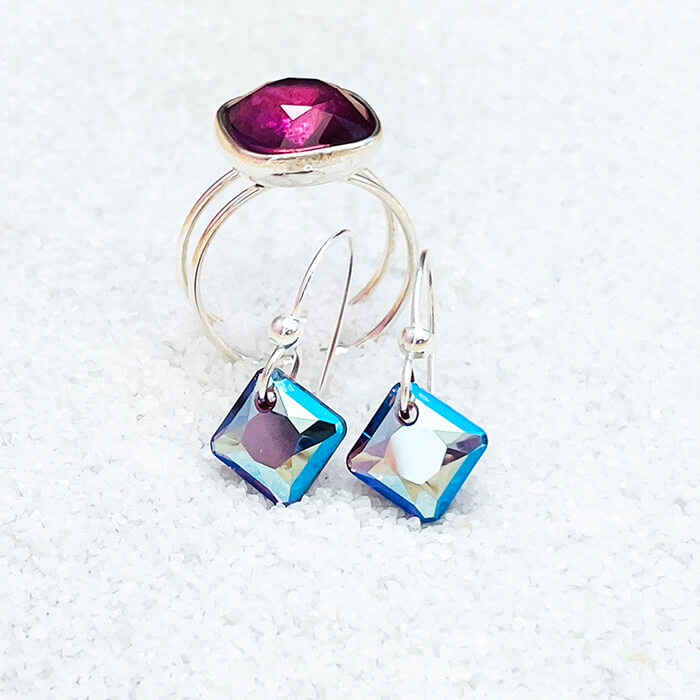 Swarovski Crystal Amethyst Earrings and amethyst swarovski ring set in silver finish