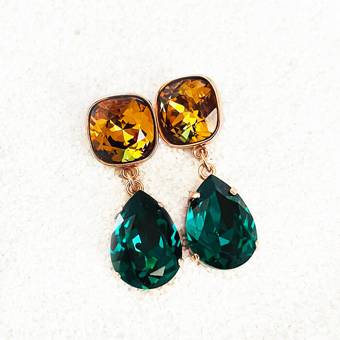 Swarovski Emerald Earrings with pear shaped emerald Swarovski and Light Amber Swarovski elegant 