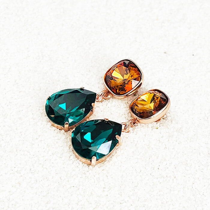 Swarovski Emerald Earrings with pear shaped emerald Swarovski and Light Amber Swarovski side view
