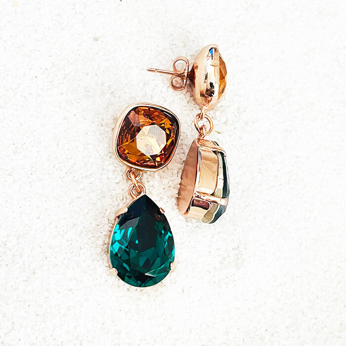 Swarovski Emerald Earrings with pear shaped emerald Swarovski and Light Amber Swarovski top view