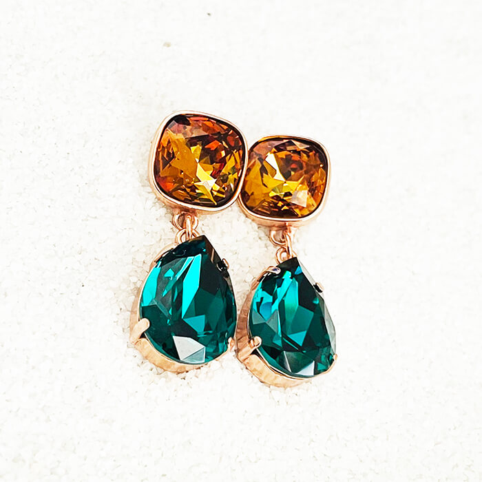Swarovski Emerald Earrings with pear shaped emerald Swarovski and Light Amber Swarovski detailing