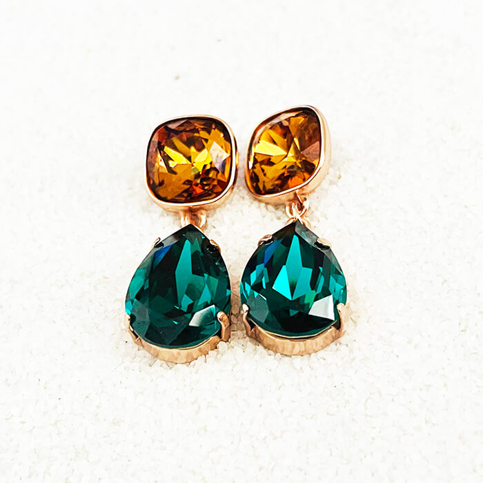 Swarovski Emerald Earrings with pear shaped emerald Swarovski and Light Amber Swarovski