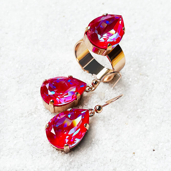 Pink Swarovski Ring and earrings unique 