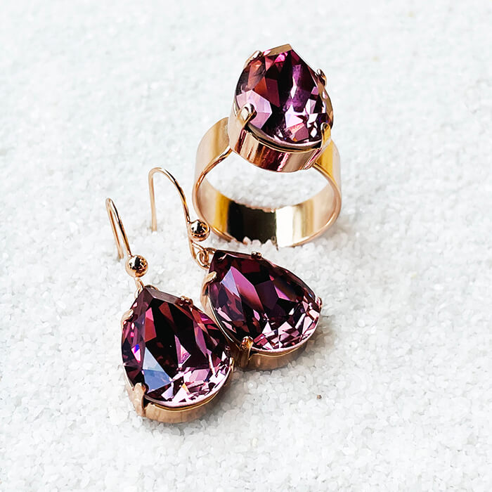 Swarovski Rose Gold Earrings and adjustable ring 