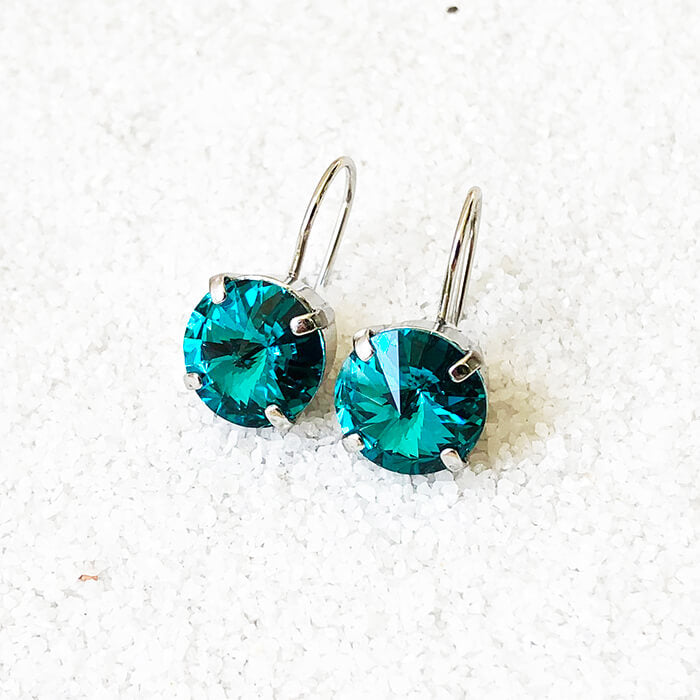 rhodium plated turquoise swarovski crystal drop earrings ethical jewellery 