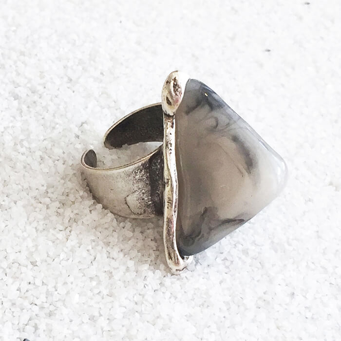 large ethical statement ring in antique silver and 3d marbled resin
