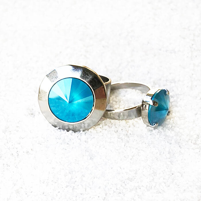 elegant statement rings in azure blue swarovski element and silver 