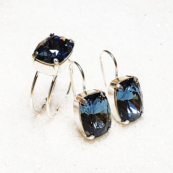 Blue Swarovski Crystal Ring and Crystal Drop Earrings