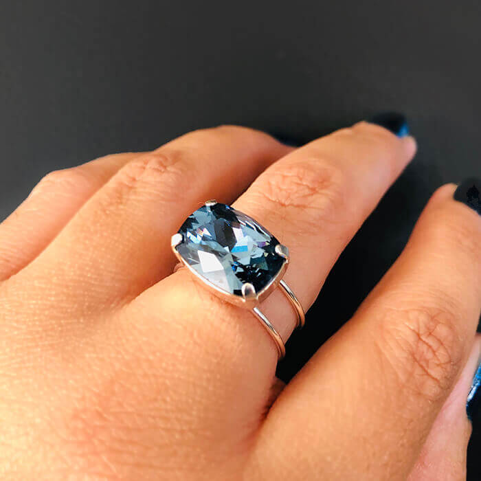 Blue Swarovski Crystal Ring on hand