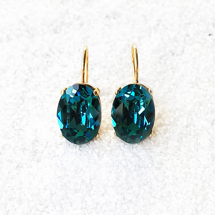 Turquoise Swarovski Crystal Earrings in gold with indicolite swarovski crystal