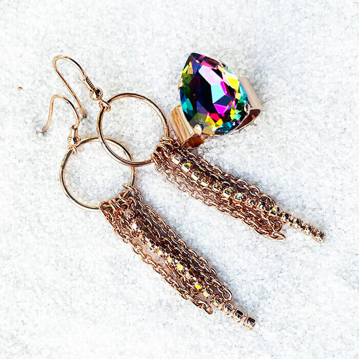 chain drop earrings in rose gold with swarovski rainbow ring