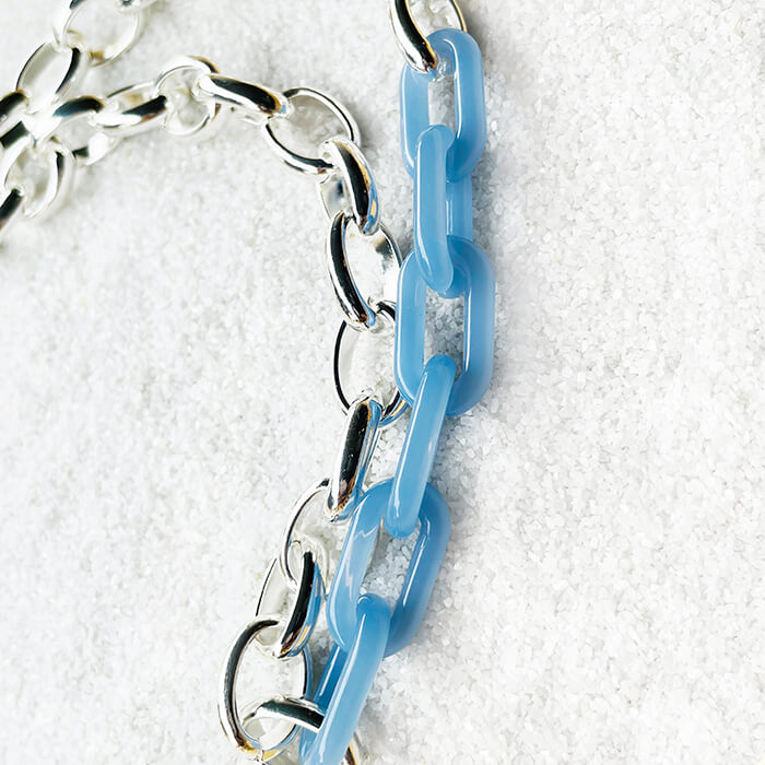 Chunky Silver Necklace with blue resin close up