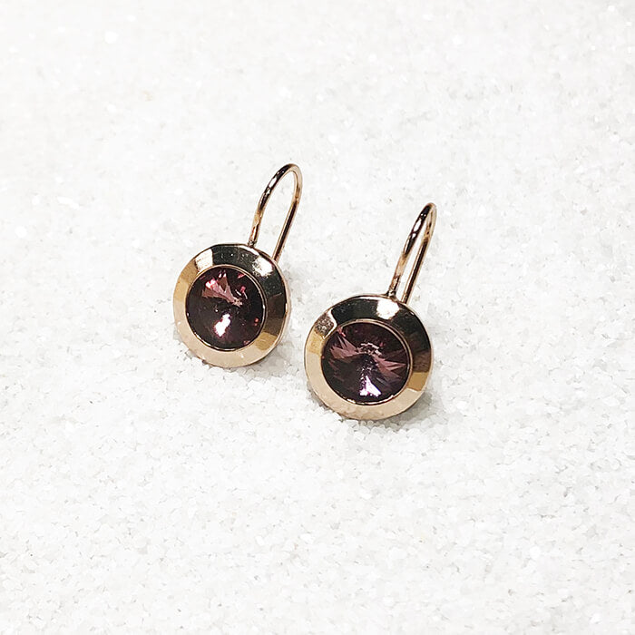 Dark Pink Earrings set in rose gold side angle