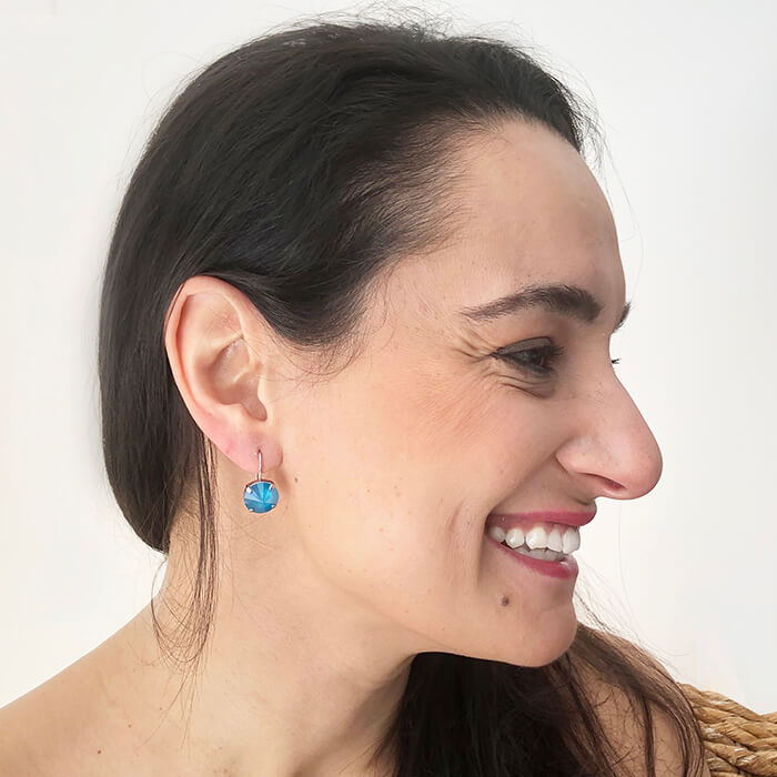 elegant azure blue swarovski and silver drop hook earrings on model