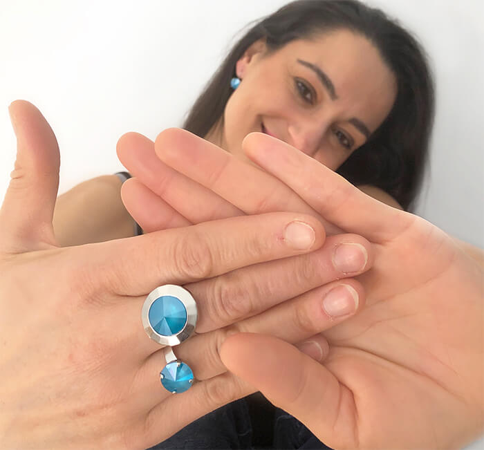 beautiful azure blue swarovski and silver statement rings