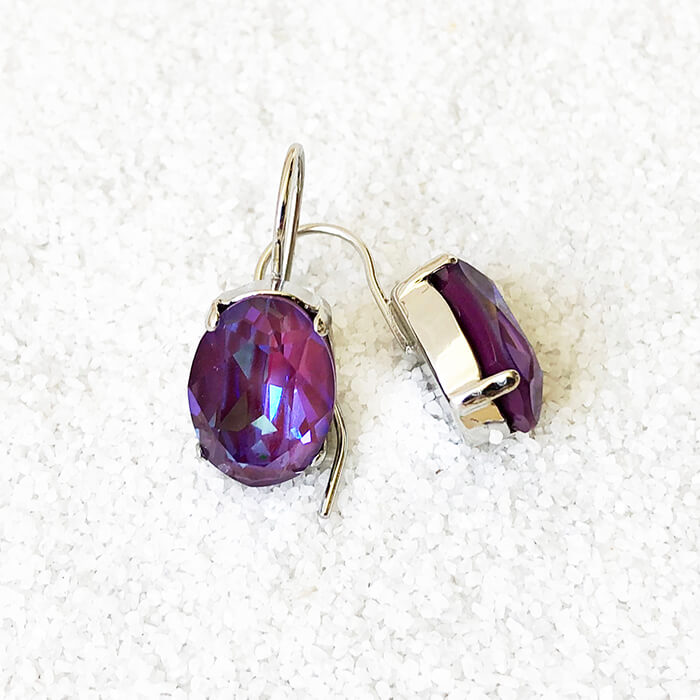rhodium finish and burgundy purple unique crystal drop earrings 