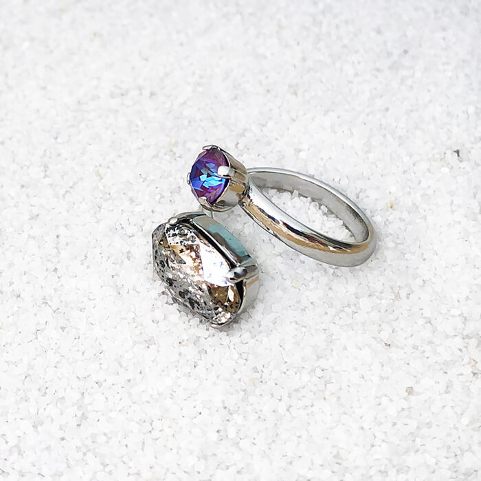 sparkly silver patina and burgundy purple swarovski adjustable statement ring 