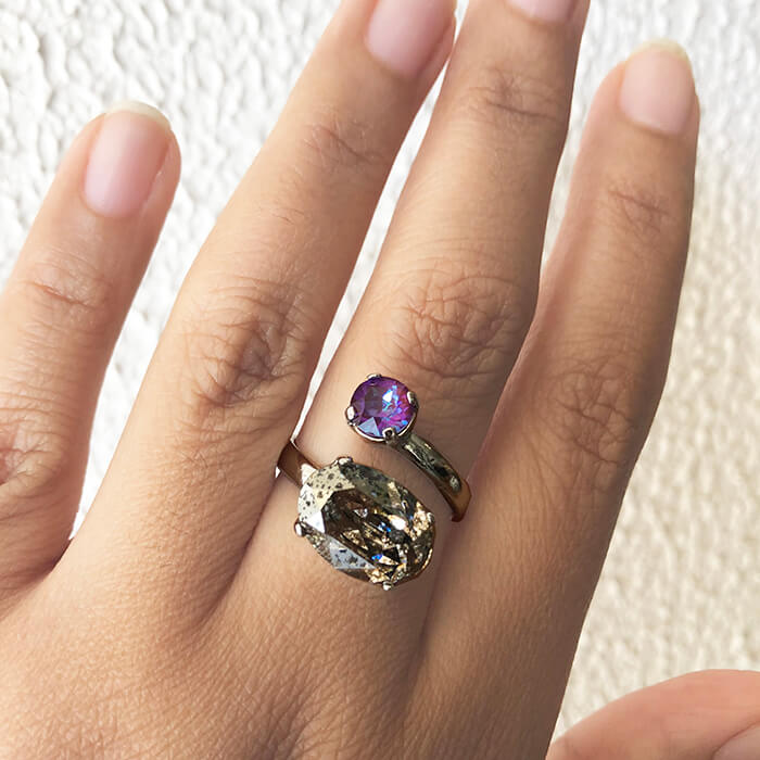unique silver patina and burgundy purple swarovski adjustable statement ring on model