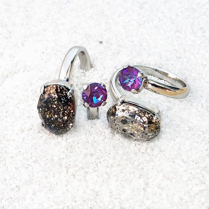 unique black patina and silver patina swarovski crystal statement ethical rings 
