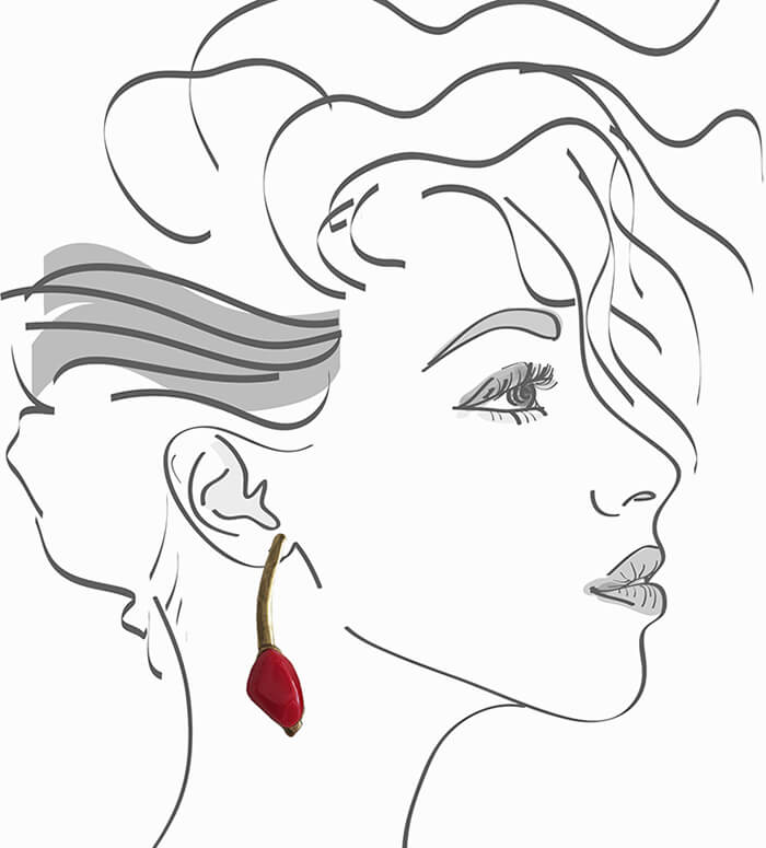 antique gold long drop earrings with red resin drop